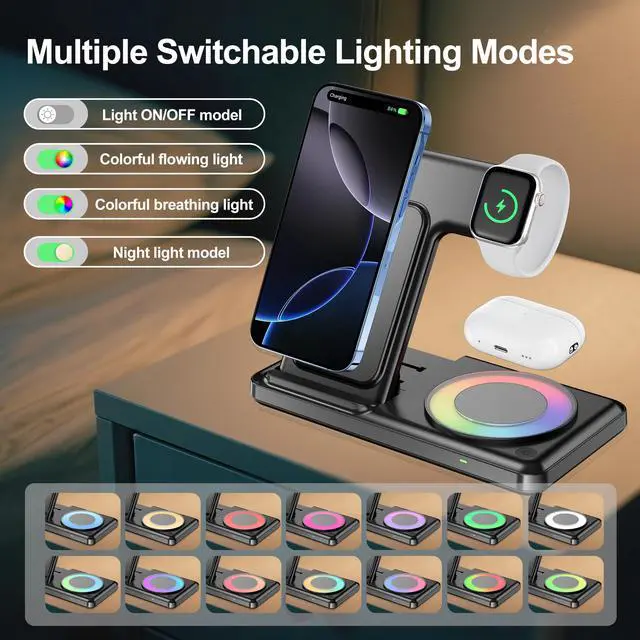 Alt view image 3 of 7 - Charging Station with RGB Light for iPhone 17 16 15 14 Pro Max 13 12, Travel 3 in 1 Wireless Charger Stand for Apple Multiple Devices, iWatch 11 10 9 8 7 6 5 4 3 2, Airpods 4 3 Pro Black