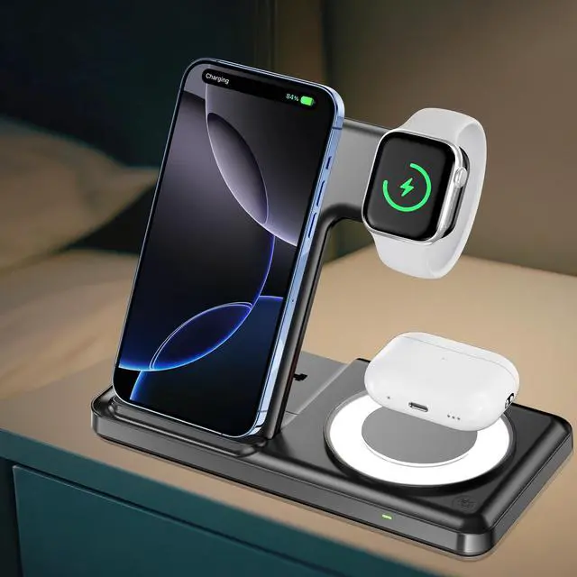 Alt view image 6 of 7 - Charging Station with RGB Light for iPhone 17 16 15 14 Pro Max 13 12, Travel 3 in 1 Wireless Charger Stand for Apple Multiple Devices, iWatch 11 10 9 8 7 6 5 4 3 2, Airpods 4 3 Pro Black