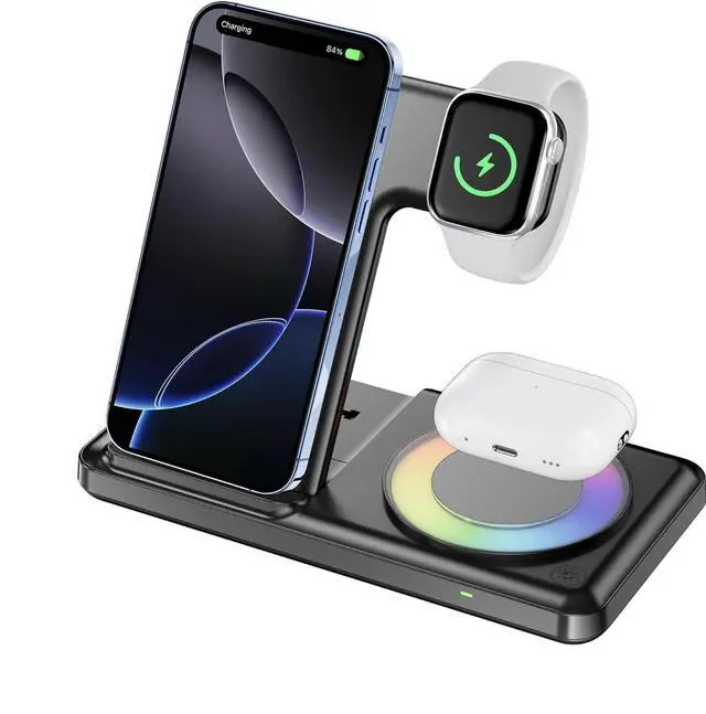 Main image of Charging Station with RGB Light for iPhone 17 16 15 14 Pro Max 13 12, Travel 3 in 1 Wireless Charger Stand for Apple Multiple Devices, iWatch 11 10 9 8 7 6 5 4 3 2, Airpods 4 3 Pro Black