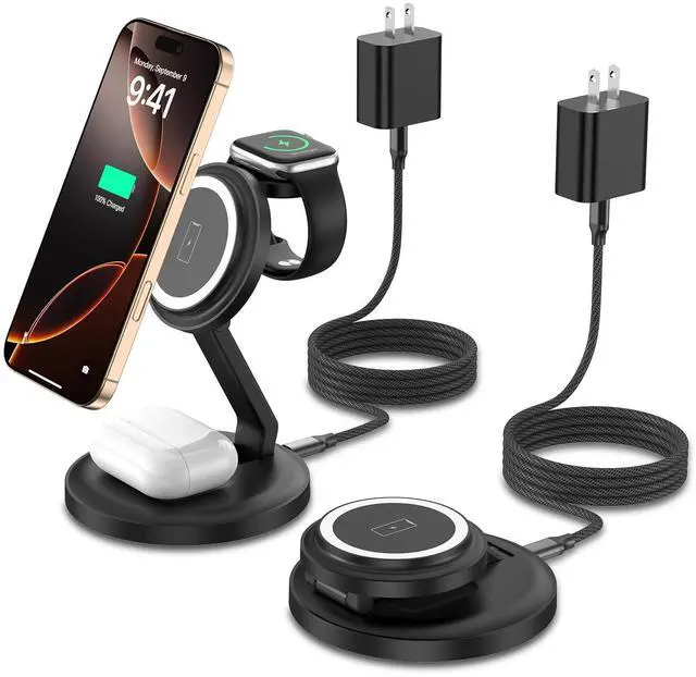 Main image of 3 in 1 Foldable Wireless Charger iPhone Charging Station, 2Pack Magnetic Stand Wireless Charger Dock for Apple Multple Devices, with PD Adapter and USB C Cable for iPhone, iWatch & Airpods All Series