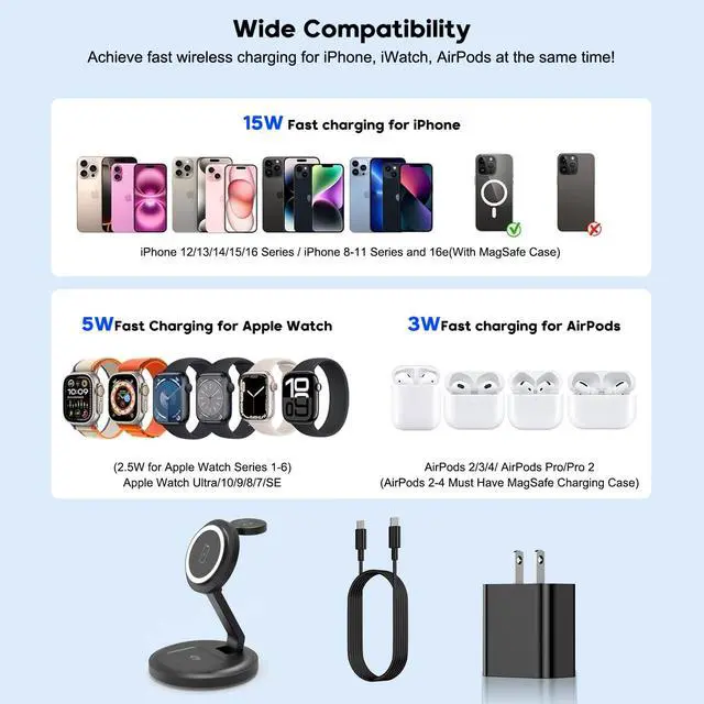 Alt view image 2 of 7 - 3 in 1 Foldable Wireless Charger iPhone Charging Station, 2Pack Magnetic Stand Wireless Charger Dock for Apple Multple Devices, with PD Adapter and USB C Cable for iPhone, iWatch & Airpods All Series