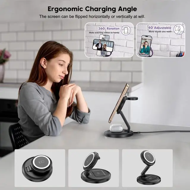 Alt view image 5 of 7 - 3 in 1 Foldable Wireless Charger iPhone Charging Station, 2Pack Magnetic Stand Wireless Charger Dock for Apple Multple Devices, with PD Adapter and USB C Cable for iPhone, iWatch & Airpods All Series