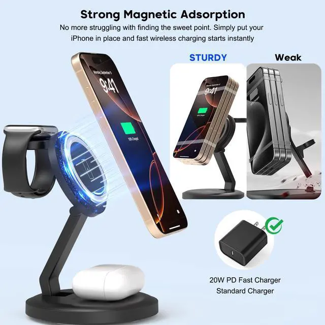 Alt view image 6 of 7 - 3 in 1 Foldable Wireless Charger iPhone Charging Station, 2Pack Magnetic Stand Wireless Charger Dock for Apple Multple Devices, with PD Adapter and USB C Cable for iPhone, iWatch & Airpods All Series