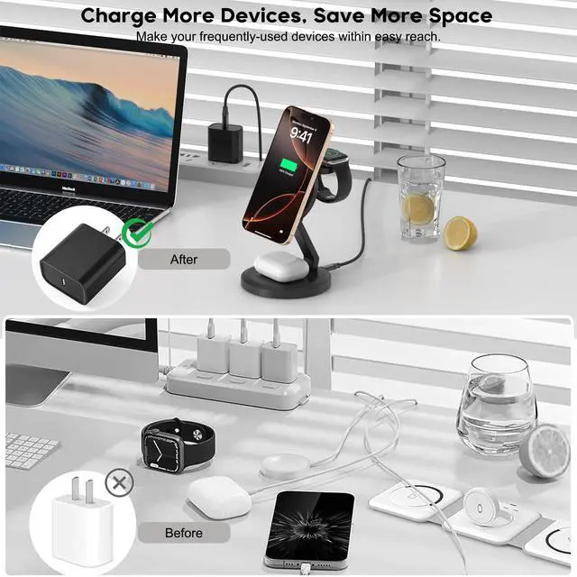 Alt view image 7 of 7 - 3 in 1 Foldable Wireless Charger iPhone Charging Station, 2Pack Magnetic Stand Wireless Charger Dock for Apple Multple Devices, with PD Adapter and USB C Cable for iPhone, iWatch & Airpods All Series