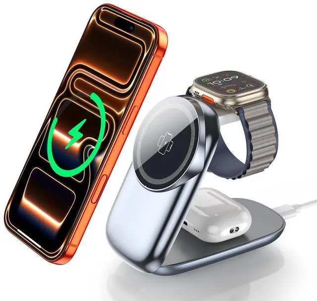 Main image of 3-in-1 Foldable Wireless Charging Station for MagSafe,Magnetic Charging Stand for iPhone 17/Air/16/15/14/13/12 Series/Apple Watch/AirPods, Wireless Charger for Smartphones (Gray, Medium)