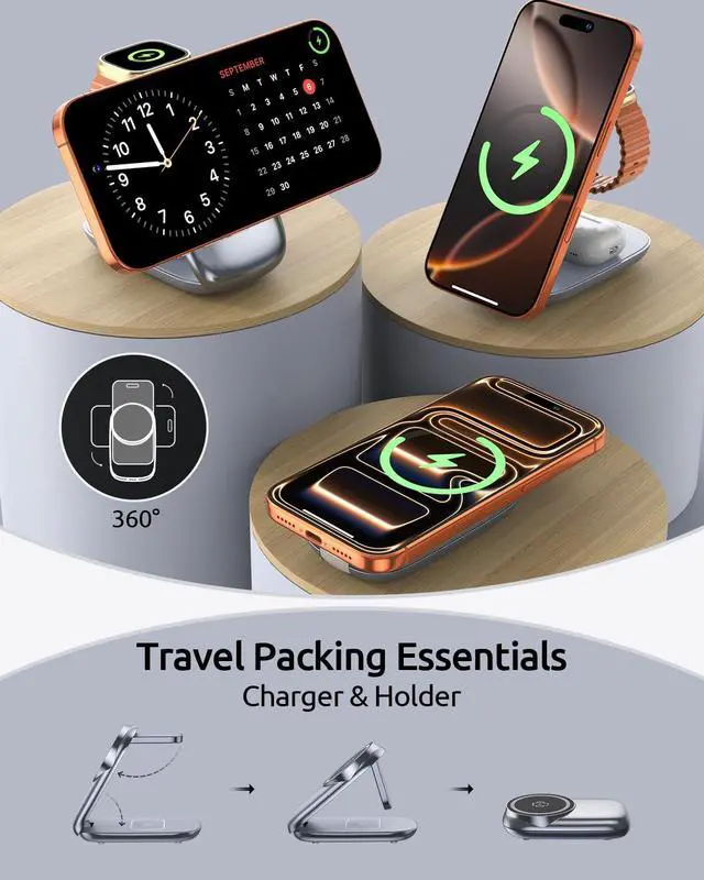 Alt view image 2 of 6 - 3-in-1 Foldable Wireless Charging Station for MagSafe,Magnetic Charging Stand for iPhone 17/Air/16/15/14/13/12 Series/Apple Watch/AirPods, Wireless Charger for Smartphones (Gray, Medium)