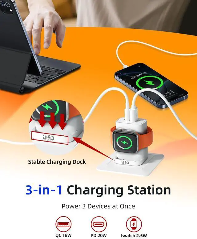 Alt view image 2 of 7 - 3-in-1 Portable Apple Watch Charger Fast Charging25W Wireless Magnetic Foldable iWatch Charger BlockPD Travel Essentials Block for iWatch Ultra/SE/ 10/9/ 8/7/ 6iPhone 17/16/ 15 Series