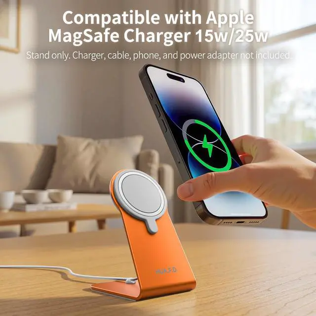 Alt view image 2 of 6 - MagSafe Charger Stand Compatible with Apple MagSafe Charger 15W/25W, Aluminum Desktop Dock for iPhone 17/16/15/14/13/12, Portrait & Landscape Viewing, Cable Slot, Charger Not Included, Oranger