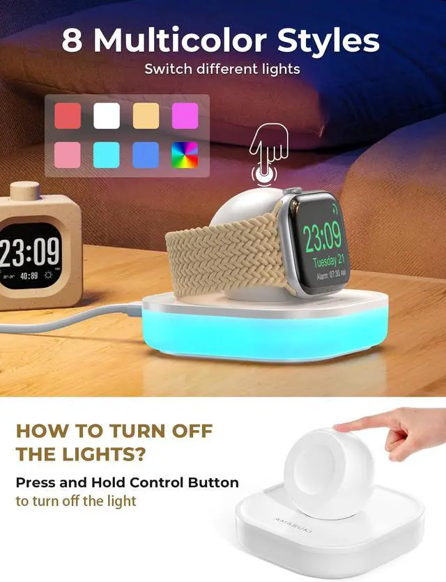 Alt view image 2 of 7 - Magnetic for Apple Watch Charger Stand, Portable iWatch Charger Dock with Adjustable Colorful Light & USB Cable, Compatible with Apple Watch Series 11 10 9 8 7 SE 6 5 4 3 2/Ultra 2-White