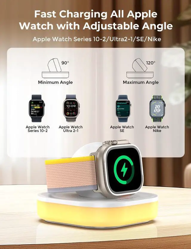 Alt view image 5 of 7 - Magnetic for Apple Watch Charger Stand, Portable iWatch Charger Dock with Adjustable Colorful Light & USB Cable, Compatible with Apple Watch Series 11 10 9 8 7 SE 6 5 4 3 2/Ultra 2-White