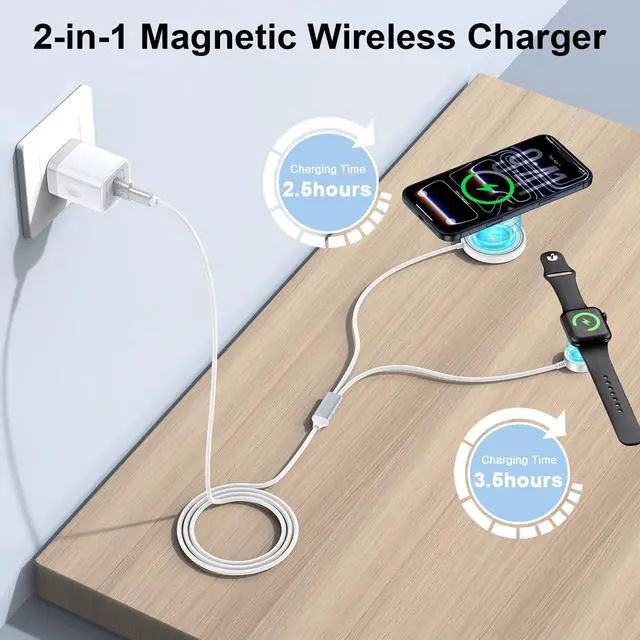 Alt view image 3 of 7 - Charger for iPhone Magsafe Charger, 2 in 1 Magnetic Fast Charging Pad for iPhone 17 16 15 14 13 12 Series,AirPods Pro,Magnetic Watch Charger for iWatch Series Ultra/SE/11/10/9/8/7/6/5/4/3/2