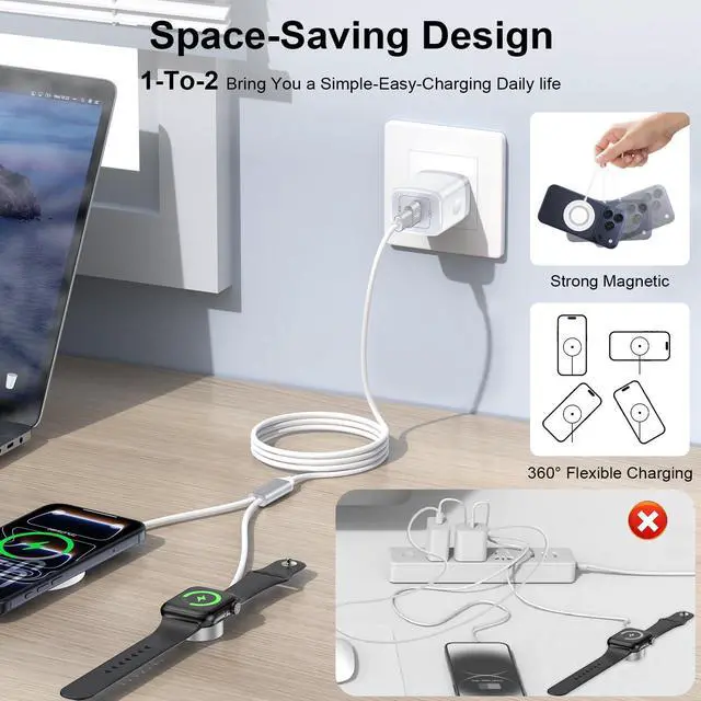 Alt view image 4 of 7 - Charger for iPhone Magsafe Charger, 2 in 1 Magnetic Fast Charging Pad for iPhone 17 16 15 14 13 12 Series,AirPods Pro,Magnetic Watch Charger for iWatch Series Ultra/SE/11/10/9/8/7/6/5/4/3/2