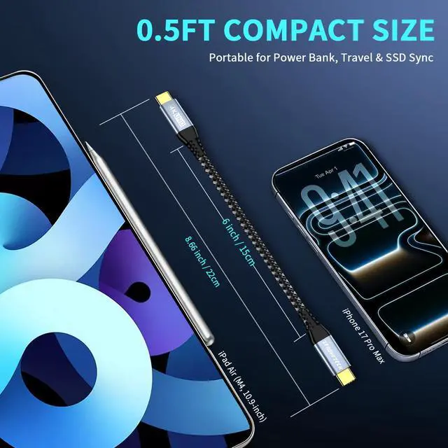 Alt view image 2 of 7 - 6 Inch USB C Cable 0.5FT, USB C 3.2 Gen 2X2 Cable, 4K Monitor Video Output, 20Gbps High Speed Data Transfer, 100W Fast Charging, for iPhone 17, MacBook, Dell, LG, KYY, for Portable Monitor