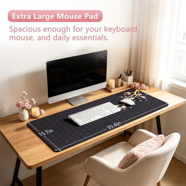 Alt view image 5 of 7 - Black Cherry Blossom Mouse Pad Large 35.4×15.7 Pink Floral Japanese Desk Mat for Women, Non-Slip Water-Resistant Keyboard Pad for Home Office Gaming