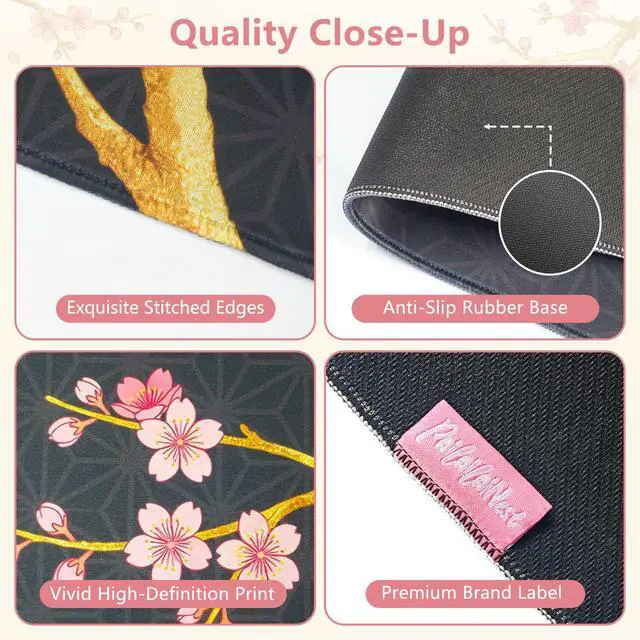 Alt view image 6 of 7 - Black Cherry Blossom Mouse Pad Large 35.4×15.7 Pink Floral Japanese Desk Mat for Women, Non-Slip Water-Resistant Keyboard Pad for Home Office Gaming