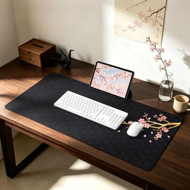 Alt view image 7 of 7 - Black Cherry Blossom Mouse Pad Large 35.4×15.7 Pink Floral Japanese Desk Mat for Women, Non-Slip Water-Resistant Keyboard Pad for Home Office Gaming