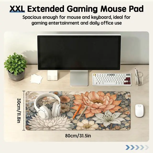 Alt view image 2 of 7 - Desk Mat 31.5x11.8 Inch with Anti-Slip Rubber Base for Home | Flower Keyboard Mat Boho Floral Extended Mouse Pad for Computer Mouse Keyboard Home and Office