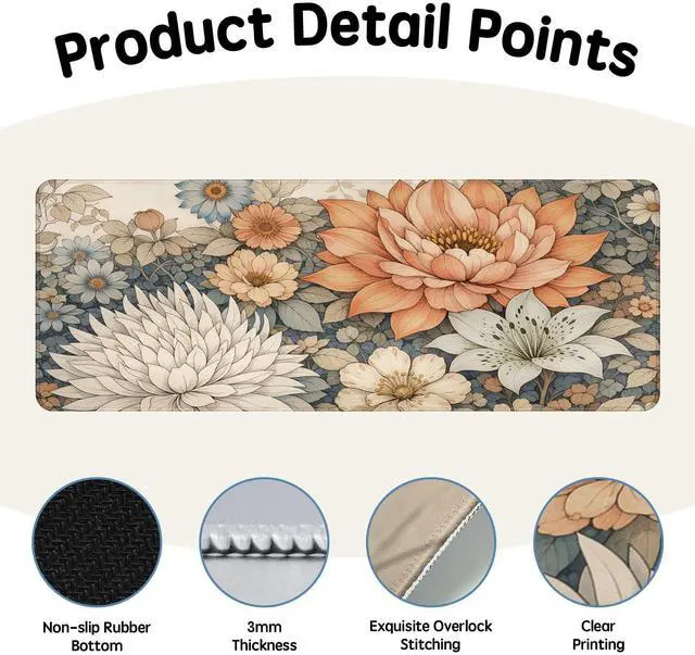 Alt view image 3 of 7 - Desk Mat 31.5x11.8 Inch with Anti-Slip Rubber Base for Home | Flower Keyboard Mat Boho Floral Extended Mouse Pad for Computer Mouse Keyboard Home and Office