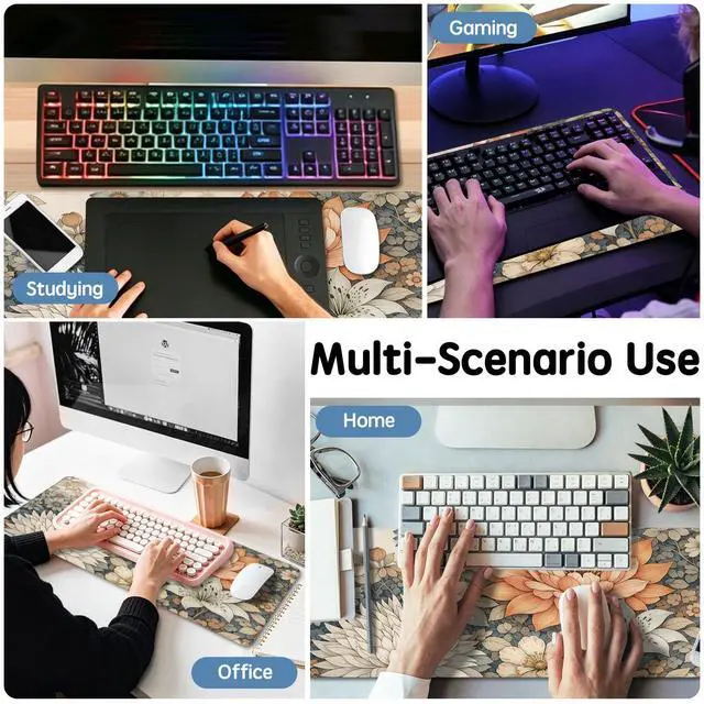 Alt view image 7 of 7 - Desk Mat 31.5x11.8 Inch with Anti-Slip Rubber Base for Home | Flower Keyboard Mat Boho Floral Extended Mouse Pad for Computer Mouse Keyboard Home and Office
