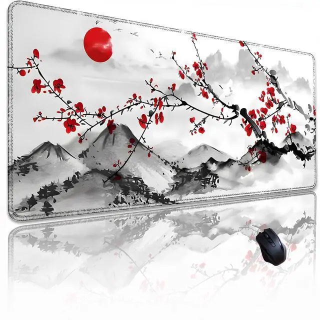 Main image of Japanese Sakura Mouse Pad, Red Moon, 31.5x11.8 Inch White deskmat | Anime Desk Mat, Large, Non-Slip Rubber Base, Waterproof, Stitched Edges