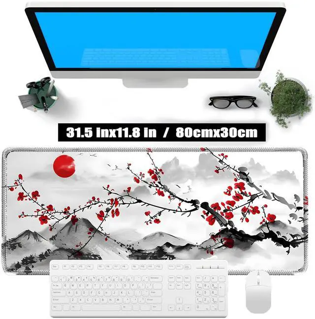 Alt view image 3 of 6 - Japanese Sakura Mouse Pad, Red Moon, 31.5x11.8 Inch White deskmat | Anime Desk Mat, Large, Non-Slip Rubber Base, Waterproof, Stitched Edges