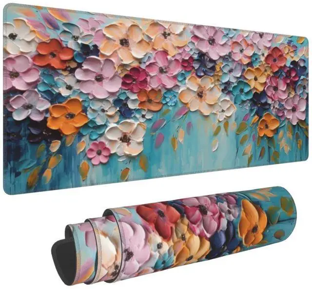 Main image of Mouse Pad, Large Non-Slip Rubber Base Mousepad, Keyboard Mouse Mat, Desk Pad with Stitched Edges, 31.5x11.8inch, Oil Flower