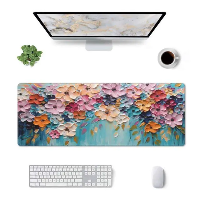 Alt view image 3 of 7 - Mouse Pad, Large Non-Slip Rubber Base Mousepad, Keyboard Mouse Mat, Desk Pad with Stitched Edges, 31.5x11.8inch, Oil Flower