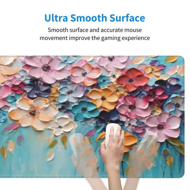 Alt view image 5 of 7 - Mouse Pad, Large Non-Slip Rubber Base Mousepad, Keyboard Mouse Mat, Desk Pad with Stitched Edges, 31.5x11.8inch, Oil Flower