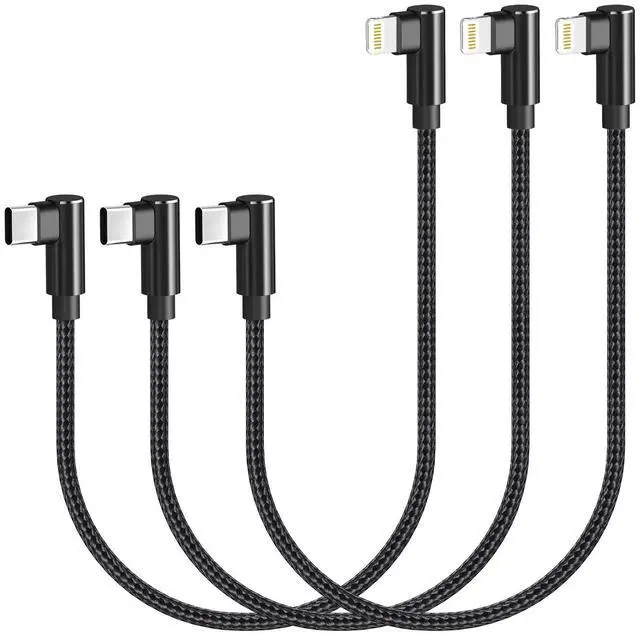 Main image of USB C to Lightning Cable 1ft MFi Certified 90 Degree iPhone Charger 3 Pack | Nylon Braided Right Angle USB-C to Lightning PD Fast Charging Cable for iPhone 14 13 12 11 Pro X XS XR 8 Plus 7 6 5(Black)