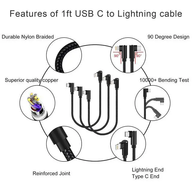 Alt view image 2 of 7 - USB C to Lightning Cable 1ft MFi Certified 90 Degree iPhone Charger 3 Pack | Nylon Braided Right Angle USB-C to Lightning PD Fast Charging Cable for iPhone 14 13 12 11 Pro X XS XR 8 Plus 7 6 5(Black)