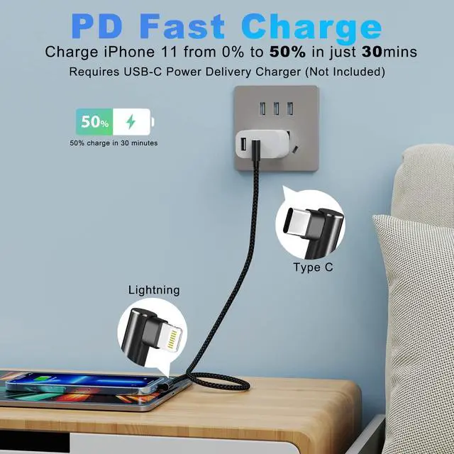 Alt view image 3 of 7 - USB C to Lightning Cable 1ft MFi Certified 90 Degree iPhone Charger 3 Pack | Nylon Braided Right Angle USB-C to Lightning PD Fast Charging Cable for iPhone 14 13 12 11 Pro X XS XR 8 Plus 7 6 5(Black)