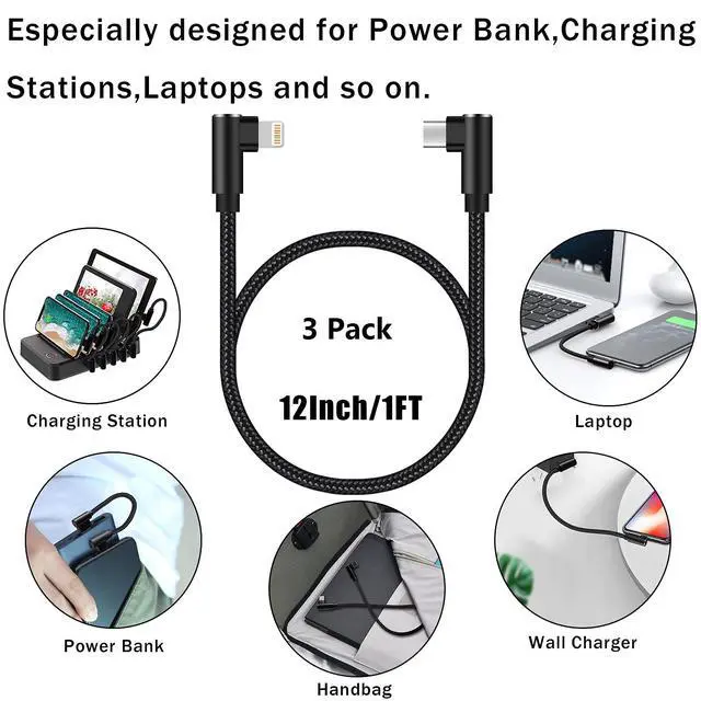 Alt view image 5 of 7 - USB C to Lightning Cable 1ft MFi Certified 90 Degree iPhone Charger 3 Pack | Nylon Braided Right Angle USB-C to Lightning PD Fast Charging Cable for iPhone 14 13 12 11 Pro X XS XR 8 Plus 7 6 5(Black)