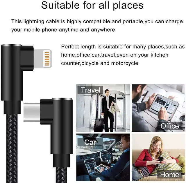 Alt view image 7 of 7 - USB C to Lightning Cable 1ft MFi Certified 90 Degree iPhone Charger 3 Pack | Nylon Braided Right Angle USB-C to Lightning PD Fast Charging Cable for iPhone 14 13 12 11 Pro X XS XR 8 Plus 7 6 5(Black)