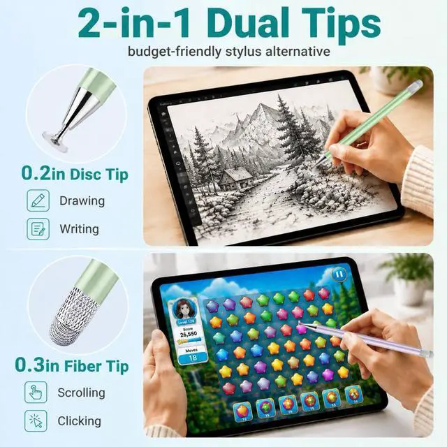 Alt view image 2 of 7 - ipad.2-in-1 Tip for Nintendo Switch | 3 Pcs,Disc & Fiber Tip,High Sensitivity,No Charging,Universal for ipad/iphone/Android/Tablets,Lightweight Alloy,4 Tips