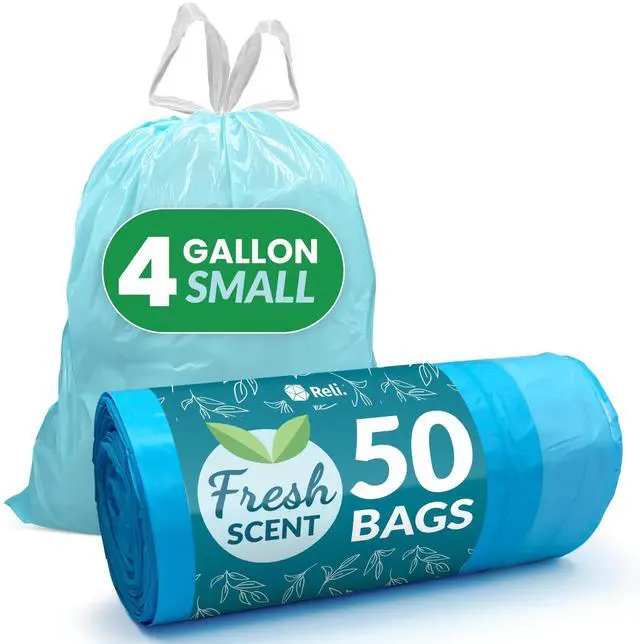 Main image of Small Trash Bags Drawstring 4 Gallon (50 Count) Fresh Scented | Bathroom Trash Bags, Garbage Bags | Leak-proof, Durable | Odor control, Kitchen, Bedroom, Office, Household