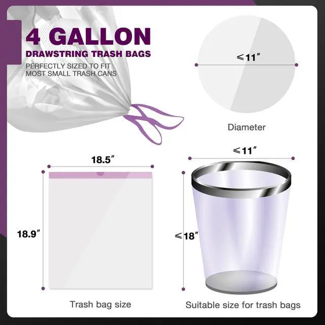 Alt view image 4 of 6 - Small Trash Bags 4 Gallon - Drawstring Small Garbage Bags | White Mini Trash Can Liners for Bathroom, Bedroom, Office, Faint Scented, 45 Count