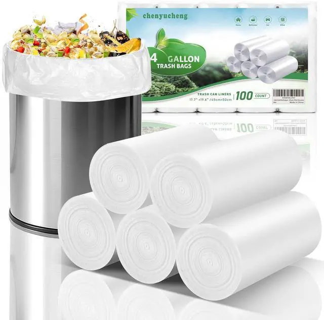 Main image of 4 Gallon Small White Biodegradable Trash-Bag - Small Garbage Bags For Bathroom Can Unscented Compostable Kitchen Office Car Waste Basket Liners 100counts 15l Bulk Chenyucheng