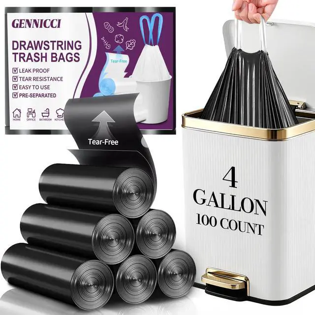 Main image of 100 Count Small Drawstring Trash Bags, 4 Gallon (15L) Pre-separated Garbage Bags, Extra Thick Leak-proof Mini Wastebasket Liners for Bathroom, Office, Bedroom (Black)