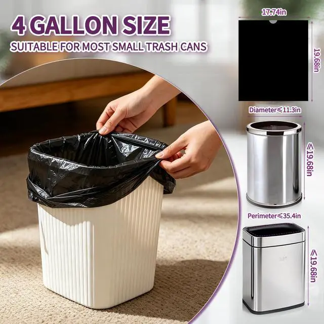 Alt view image 2 of 7 - 100 Count Small Drawstring Trash Bags, 4 Gallon (15L) Pre-separated Garbage Bags, Extra Thick Leak-proof Mini Wastebasket Liners for Bathroom, Office, Bedroom (Black)