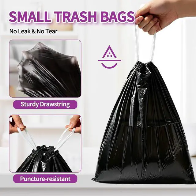 Alt view image 5 of 7 - 100 Count Small Drawstring Trash Bags, 4 Gallon (15L) Pre-separated Garbage Bags, Extra Thick Leak-proof Mini Wastebasket Liners for Bathroom, Office, Bedroom (Black)