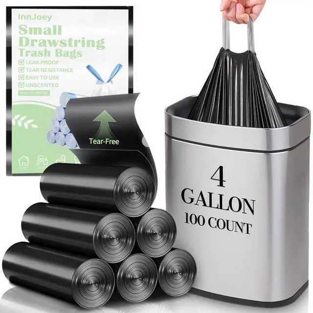 Main image of 100 Count Small Drawstring Trash Bags for 4-Gallon (15 L) Trash Cans,Thick Pre-separated Garbage Bags,Mini Wastebasket can Liners for Bathroom Bedroom Office(Black)