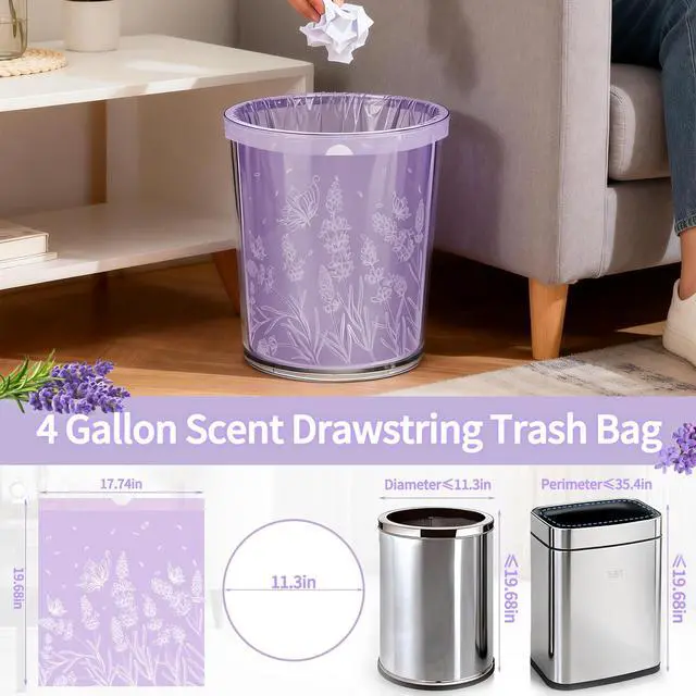 Alt view image 5 of 7 - 4 Gallon 200PCS Small Drawstring Trash Bags, Floral Printed Design,Thick Pre-separated Garbage Bags Mini Wastebasket can Liners for Bathroom Bedroom Office