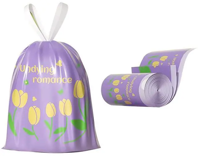 Main image of 50pcs 4 Gallon Trash Bags Drawstring Tear-Free Separated Plastic Can Liner for Bathroom Office Home Bedroom Small Garbage Basket Bags (purple tulip, 50Counts)