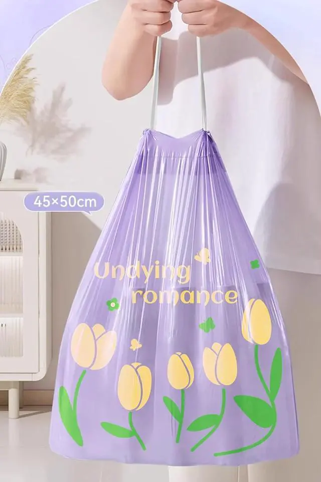 Alt view image 7 of 7 - 50pcs 4 Gallon Trash Bags Drawstring Tear-Free Separated Plastic Can Liner for Bathroom Office Home Bedroom Small Garbage Basket Bags (purple tulip, 50Counts)