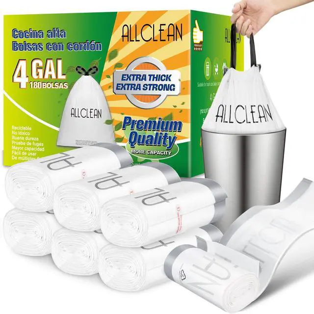 Main image of 4 Gallon Trash Bags, 180 Counts (6 Rolls) Unscented Drawstring Garbage Bags, Extra Thick Recyclable Trash Can Liners for Bathroom, Office, Kitchen, 10-15L Small Trash Bins