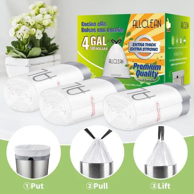 Alt view image 2 of 7 - 4 Gallon Trash Bags, 180 Counts (6 Rolls) Unscented Drawstring Garbage Bags, Extra Thick Recyclable Trash Can Liners for Bathroom, Office, Kitchen, 10-15L Small Trash Bins