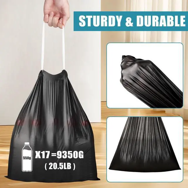 Alt view image 5 of 7 - Small Trash Bags, 60 Count 4 Gallon Drawstring, Extra Strong, Black | Tear-Free, Unscented, Small Garbage Bags, For Bathroom Kitchen Office Bedroom