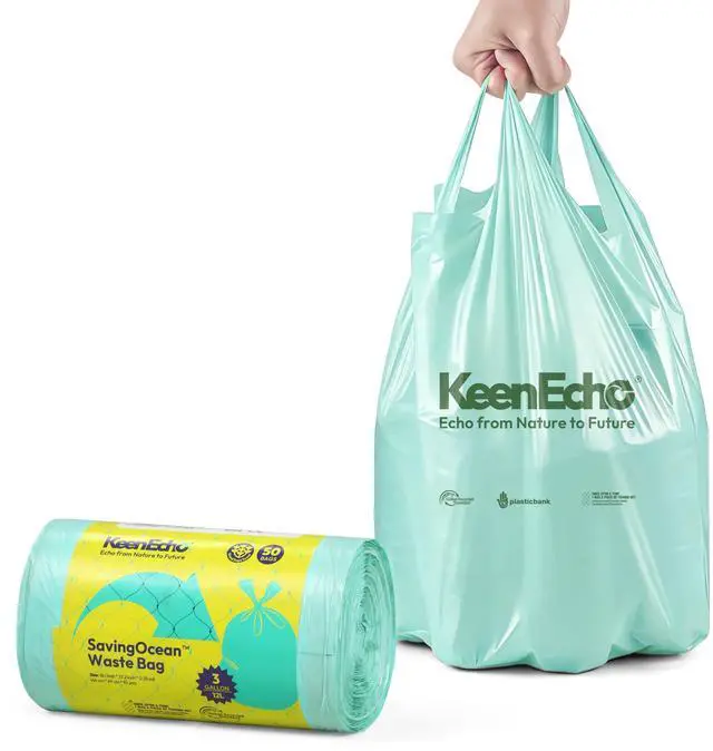 Main image of 3 Gallon 50 Counts Small Green Trash Bags with Handle, Ocean Fishing Nets Upcycling, Sage & Sea Salt Scented, Plastic Garbage Bags, Waste Bag for Bathroom, Kitchen, Office and Pets