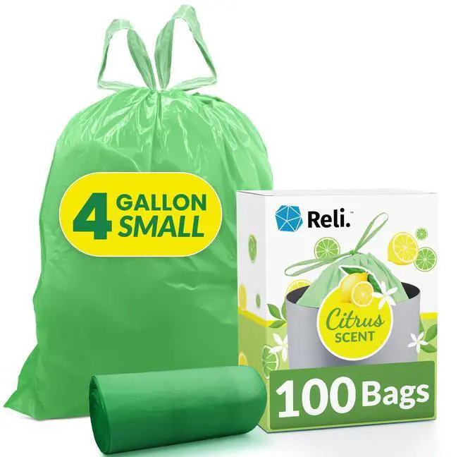 Main image of Small Trash Bags Drawstring 4 Gallon (100 Count) Citrus Scented | Bathroom Trash Bags, Garbage Bags | Leak-proof | Durable, Odor control | Office, Household