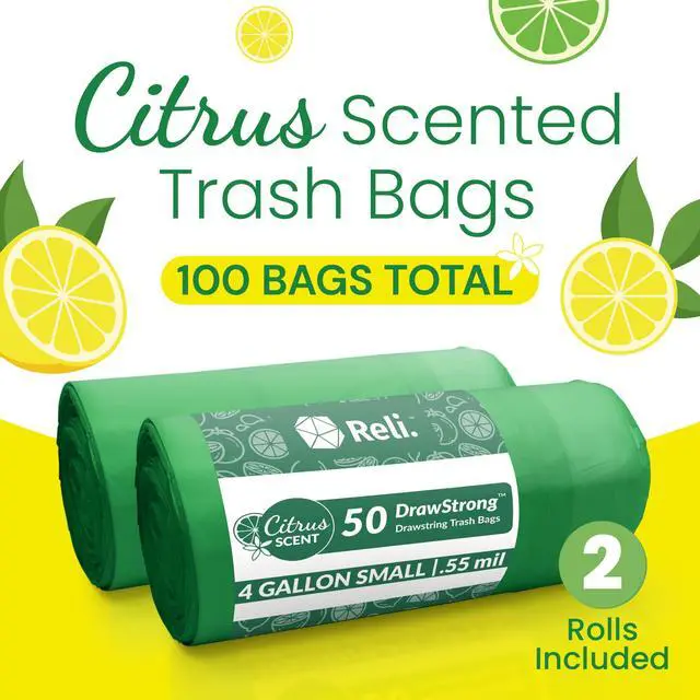 Alt view image 2 of 7 - Small Trash Bags Drawstring 4 Gallon (100 Count) Citrus Scented | Bathroom Trash Bags, Garbage Bags | Leak-proof | Durable, Odor control | Office, Household